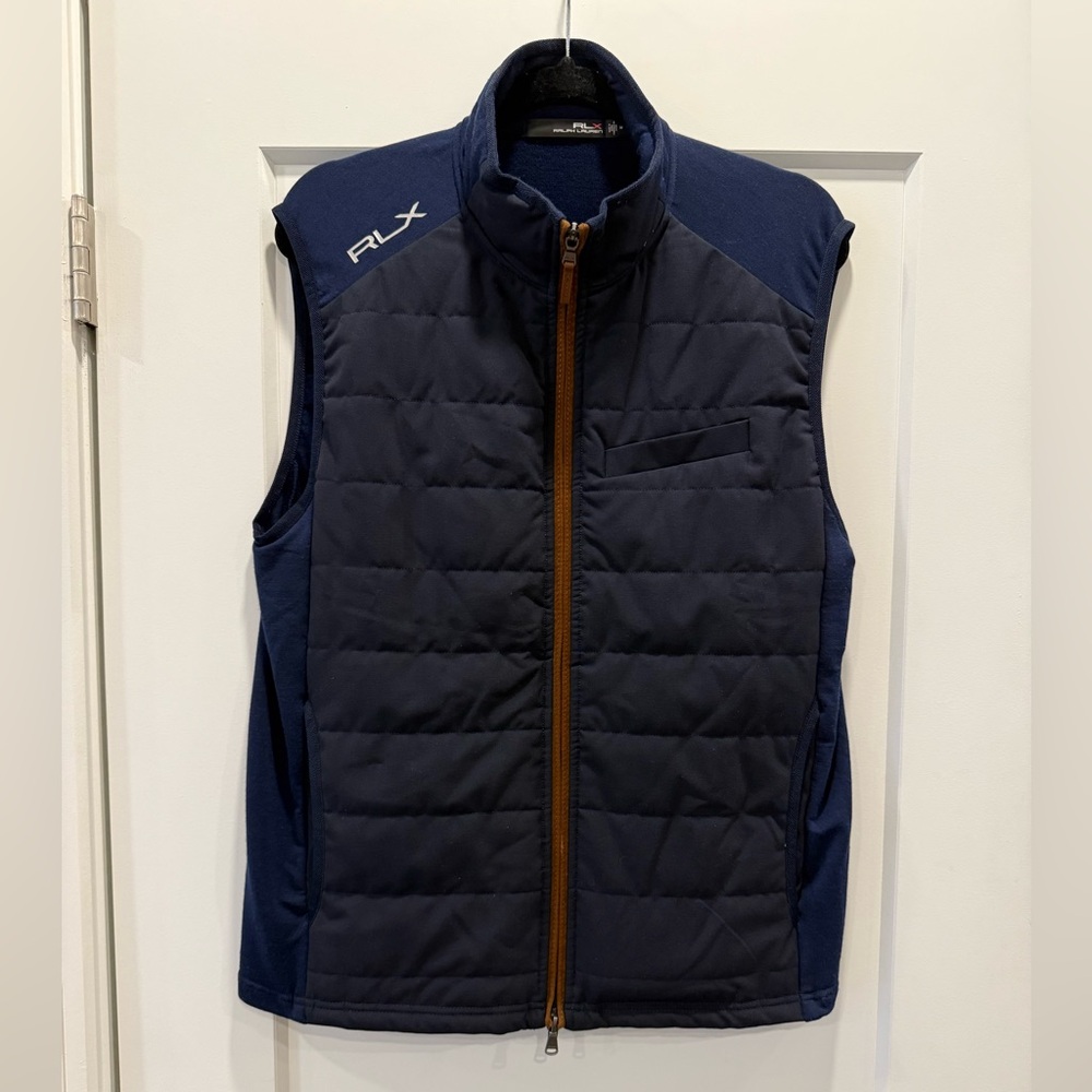 Ralph Lauren RLX Front Quilted Navy Vest w/ Brown Zipper Accents - Men’s Medium